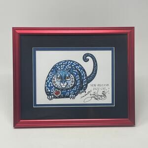 New Orleans Jazz Cat Framed Art Print Signed w Embossed Seal Red Frame Glass